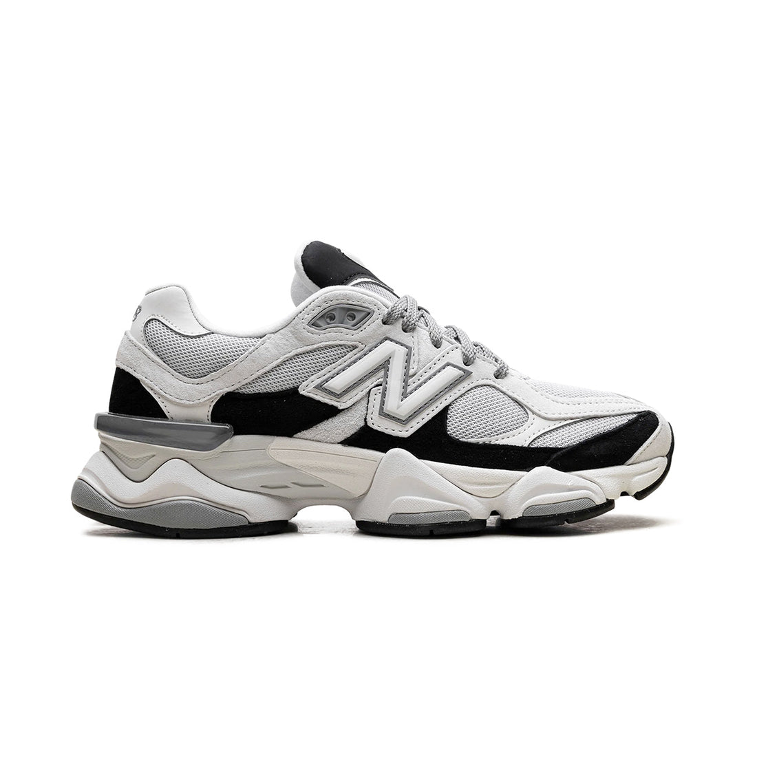 9060 Grey Jet Black sneaker featuring breathable mesh upper in grey tones with black accents, suede overlays, chunky cushioned sole, and modern Y2K-inspired design.