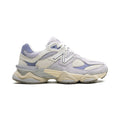 9060 Pearl Grey Linen sneaker featuring breathable mesh upper in soft grey and beige tones with subtle blue accents, suede overlays, chunky cushioned sole, and modern Y2K-inspired design.