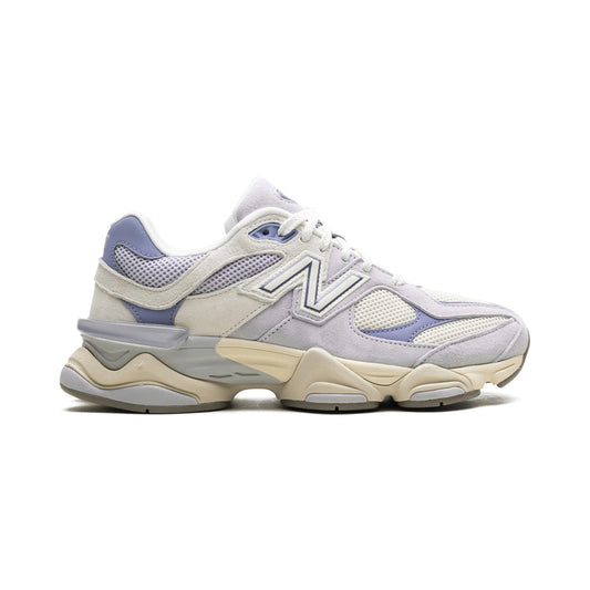 9060 Pearl Grey Linen sneaker featuring breathable mesh upper in soft grey and beige tones with subtle blue accents, suede overlays, chunky cushioned sole, and modern Y2K-inspired design.