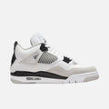 Air Jordan 4 Retro White Grey sneaker featuring premium white leather upper, grey midsole accents, visible Air cushioning unit, mesh side panels, and classic Jumpman branding.