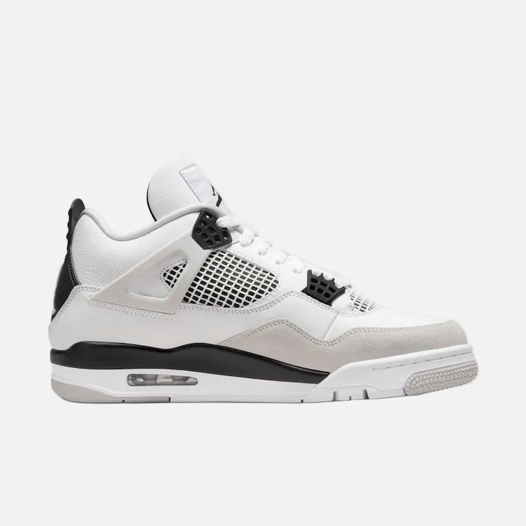 Air Jordan 4 Retro White Grey sneaker featuring premium white leather upper, grey midsole accents, visible Air cushioning unit, mesh side panels, and classic Jumpman branding.