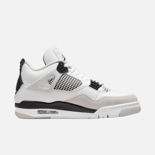 Air Jordan 4 Retro White Grey sneaker featuring premium white leather upper, grey midsole accents, visible Air cushioning unit, mesh side panels, and classic Jumpman branding.