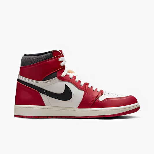 Air Jordan 1 High Retro Red and White sneaker featuring premium leather upper, black Swoosh detail, high-top silhouette, padded collar, and classic basketball heritage design.