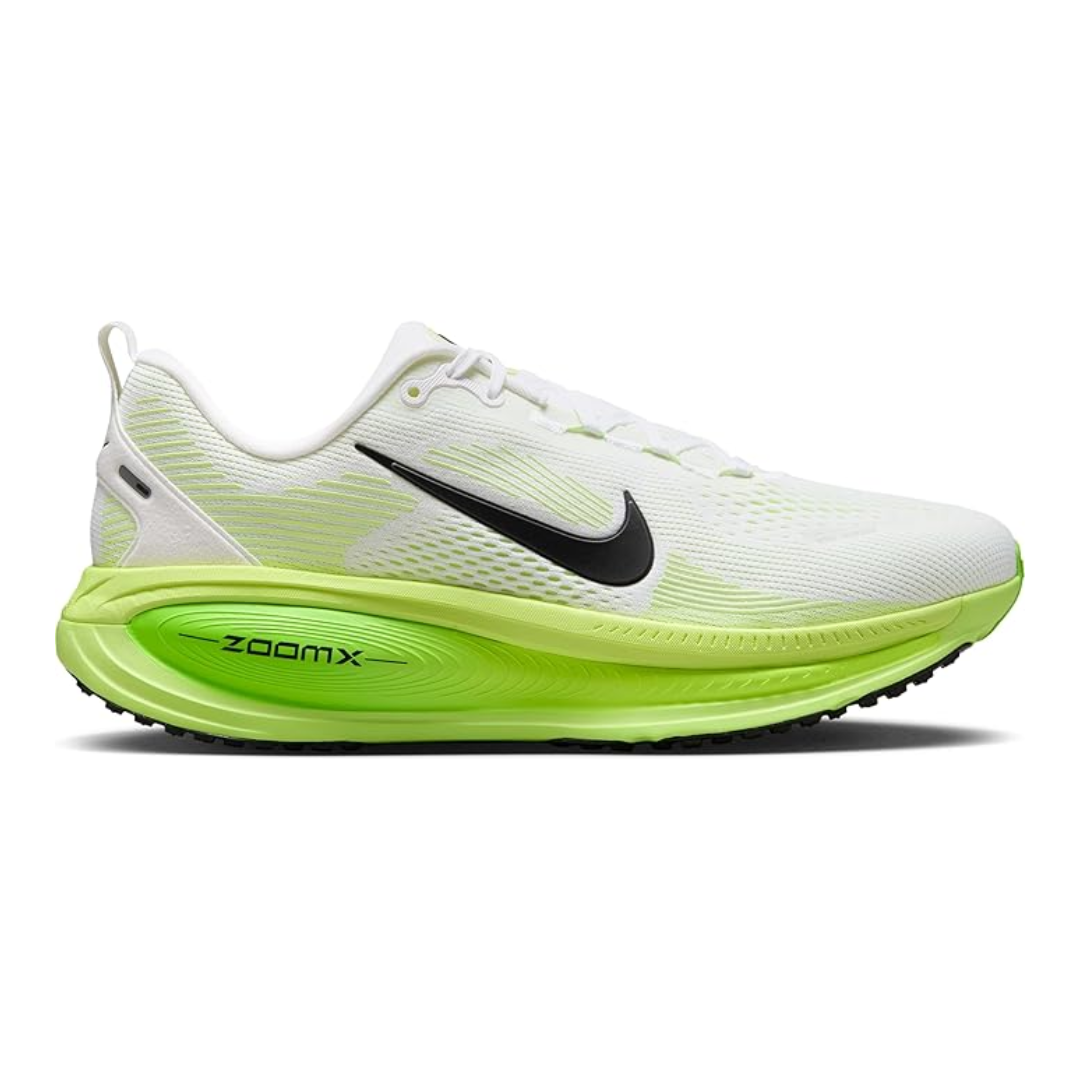 Air Zoom Vomero 18 Electric Green sneaker featuring breathable mesh upper in bright green tones, thick cushioned sole with ZoomX and ReactX foam, and modern running design.