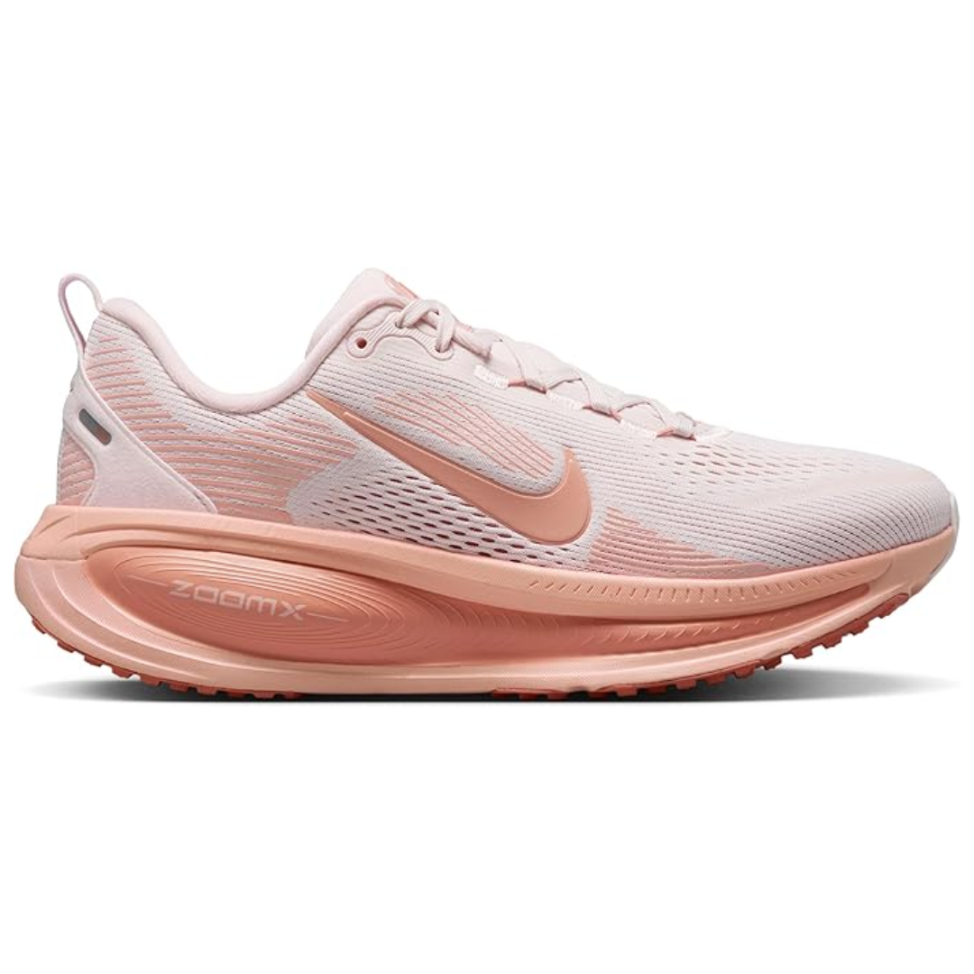 Air Zoom Vomero 18 Light Soft Pink sneaker featuring breathable mesh upper in soft pink tones, thick cushioned sole with ZoomX and ReactX foam, and modern running silhouette.