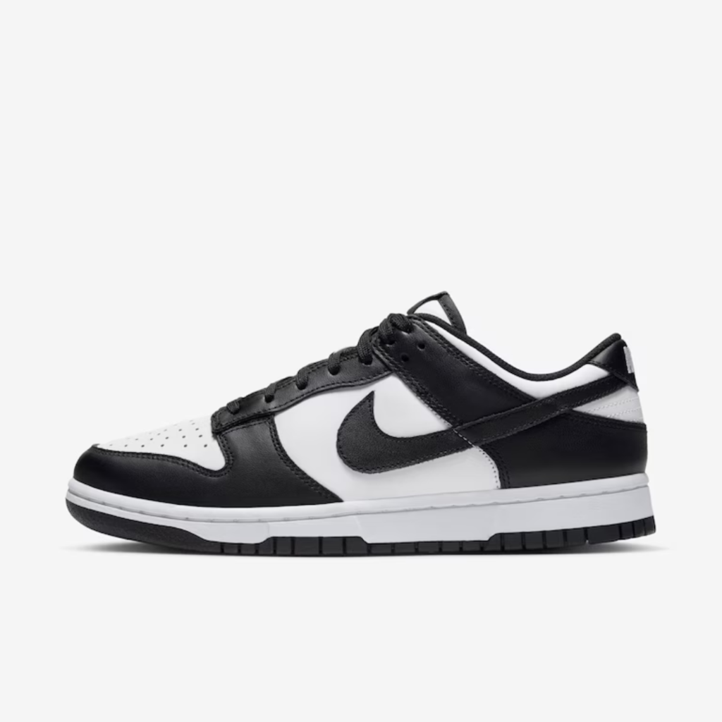 Nike Dunk Low Panda S6UU sneaker with crisp white leather base and bold black overlays in a classic low-top silhouette.
