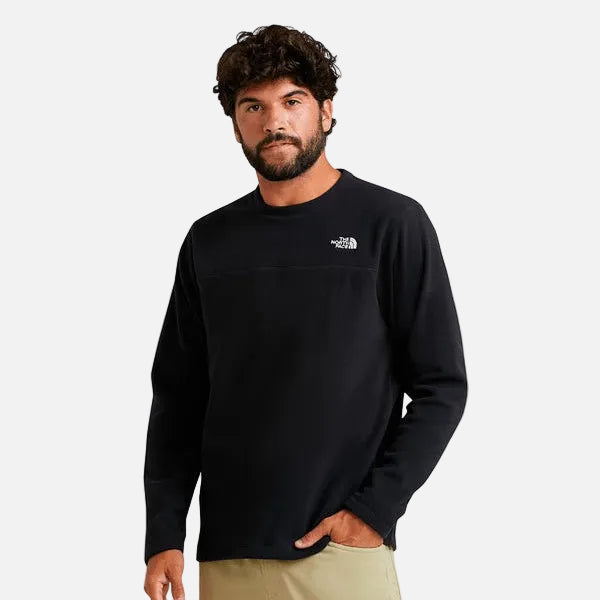 Front view of men’s black The North Face Glacier Crew sweatshirt with white logo print, long sleeves and relaxed fit.