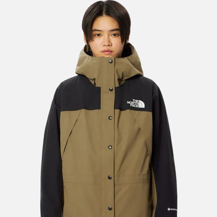 Front view of women’s Mountain Light Jacket, waterproof GORE-TEX rain shell with adjustable hood.