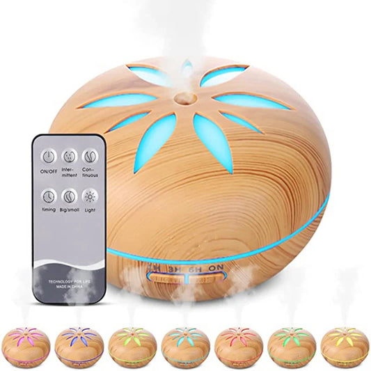 This stylish wooden aroma diffuser doubles as an air humidifier, enhancing your space with a soothing mist and refreshing scents. Equipped with LED lights and a remote control, it offers customizable settings, including mist timing and intensity. Perfect for creating a calming atmosphere in your home or office. Ideal for use with essential oils, it helps improve air quality while adding a touch of elegance to any room.