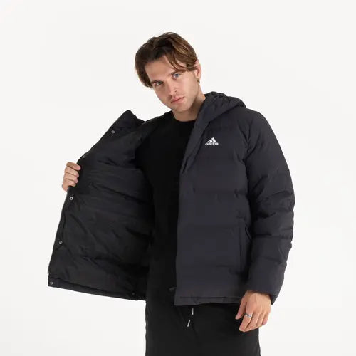 Men’s black Helionic Hooded Down Jacket front view with full zip and hood