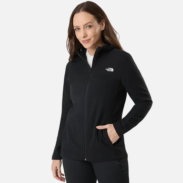 Front view of women’s black The North Face Glacier full-zip fleece hoodie with hood and zip closure.