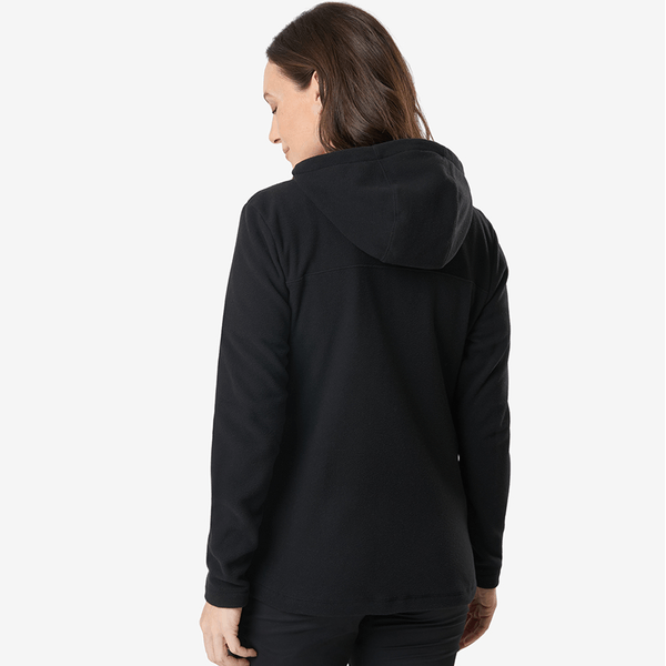 Front view of women’s black The North Face Glacier full-zip fleece hoodie with hood and zip closure.