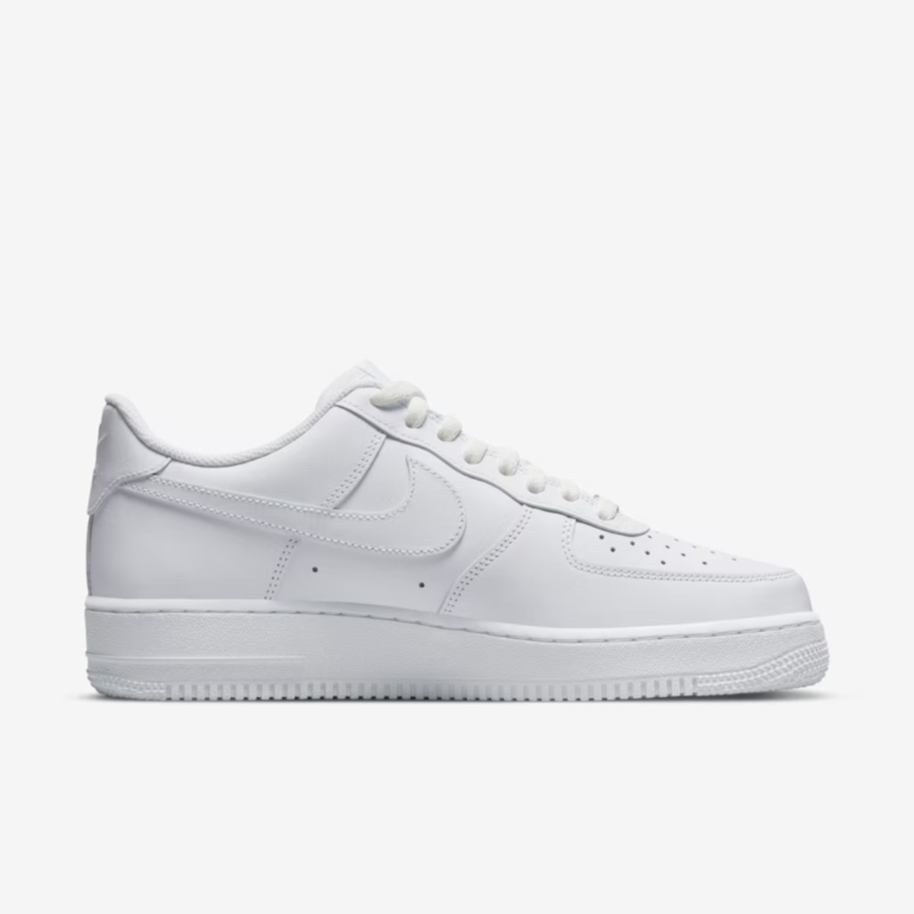 Nike Air Force 1 ’07 Triple White sneaker with premium all-white leather upper and classic Air cushioning sole