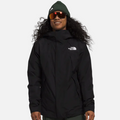 Front view of The North Face Clement Triclimate Jacket for men in black and asphalt grey, with hood and zip-in inner insulated layer.