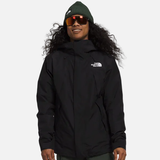 Front view of The North Face Clement Triclimate Jacket for men in black and asphalt grey, with hood and zip-in inner insulated layer.