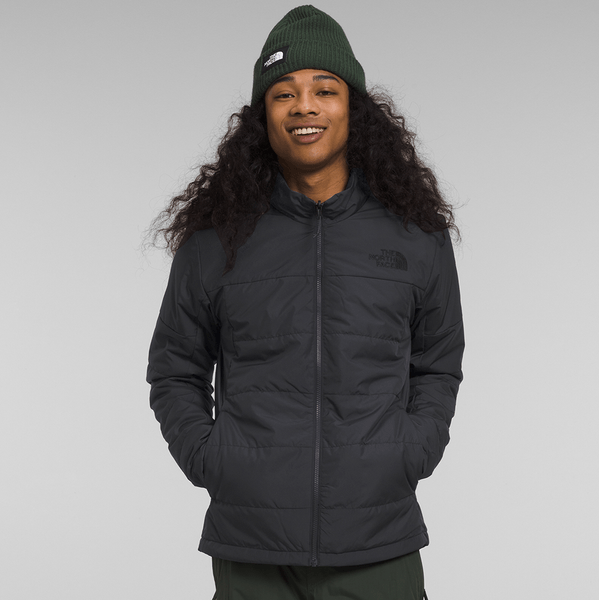 Front view of The North Face Clement Triclimate Jacket for men in black and asphalt grey, with hood and zip-in inner insulated layer.