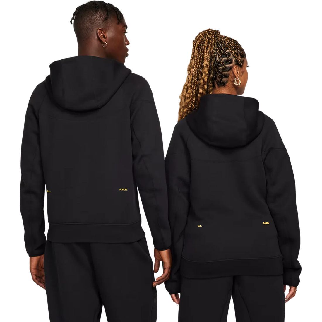 Nike x Nocta Tech Fleece Hoodie Black – men’s and women’s models wearing the full-zip hoodie showcasing unisex fit, modern sportswear style and comfort.